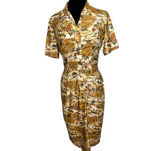 Vintage 50s60s Miss Tall America Tan Beige Black Pinup ILGWU Dress Medium Retro